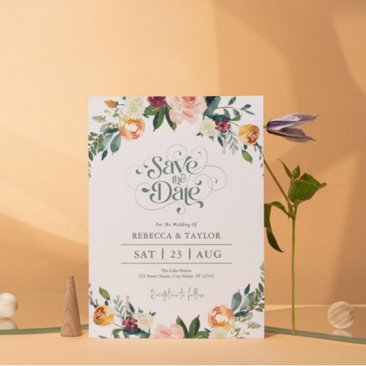 Elegante Bloemen Rand Bewaar de Datum Typografie Kaart