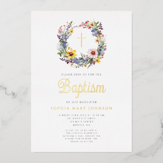 Elegante Bloemen Religieus Meisje Doop Goud Folie Uitnodiging (Voorkant)