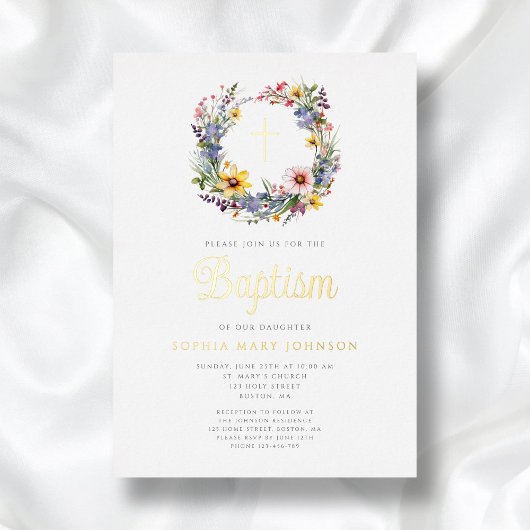 Elegante Bloemen Religieus Meisje Doop Goud Folie Uitnodiging