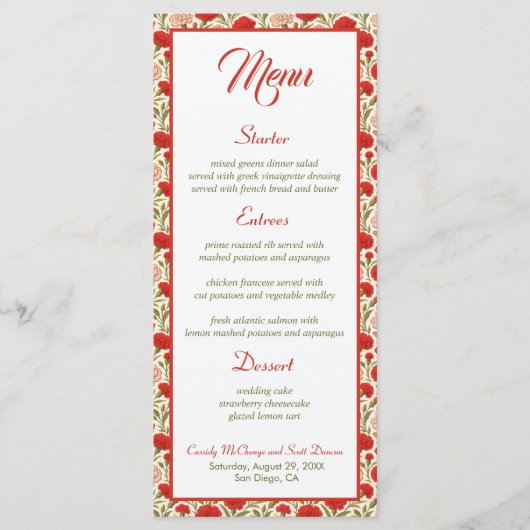 Elegante Bloemen Rode Anjer Bloemen Trouwmenu Menu (Voorkant)