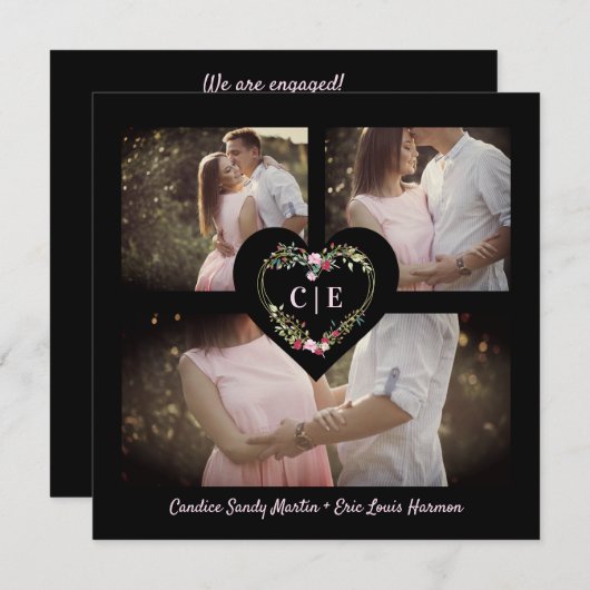 Elegante Bloemen Rode Hart 3 foto's Instant Engage Save The Date (Voorkant / Achterkant)