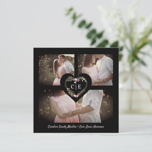 Elegante Bloemen Rode Hart 3 foto's Instant Engage Save The Date (Staand voorkant)