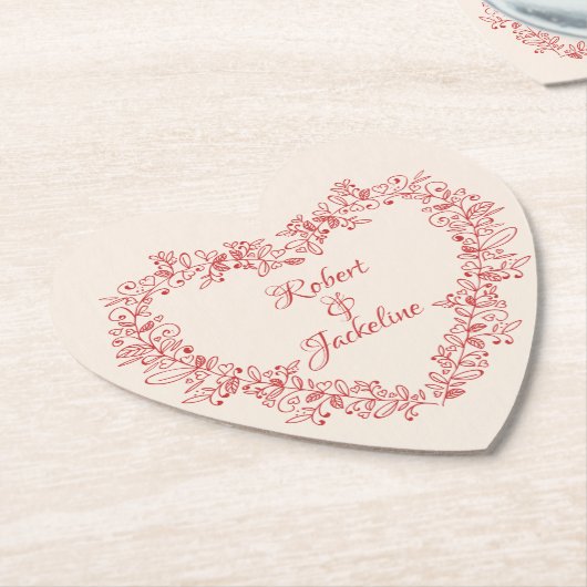 Elegante Bloemen Rode Hart Valentijnsdag Kartonnen Onderzetters (Gekanteld)