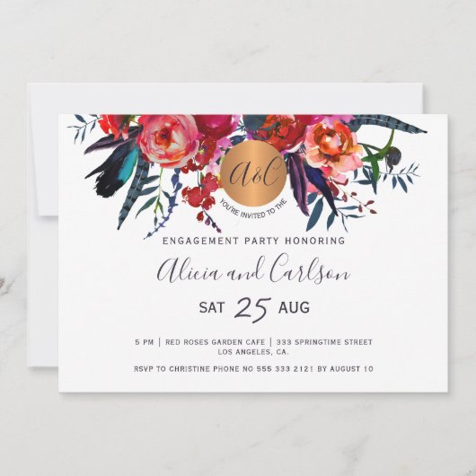 Elegante bloemen rode marine monogram verlovingsfe kaart (Voorkant)