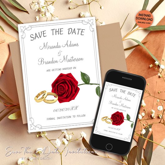 Elegante Bloemen Rode Rozen en Ringen bruiloft Save The Date
