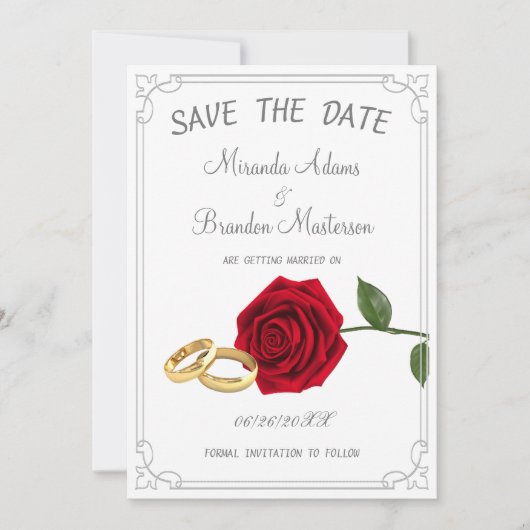 Elegante Bloemen Rode Rozen en Ringen bruiloft Save The Date (Voorkant)