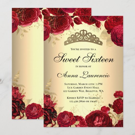 Elegante Bloemen Rood en Goud Thema Sweet Sixteen Kaart (Voorkant / Achterkant)