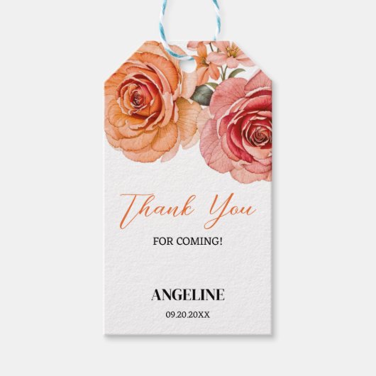 Elegante Bloemen Rood Sinaasappel Roos Verjaardag Cadeaulabel (Voorkant)