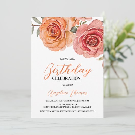 Elegante Bloemen Rood Sinaasappel Roos Verjaardag Kaart (Staand voorkant)