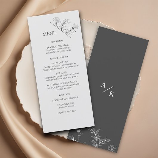 Elegante Bloemen Rook grijs Trouwmenu Menu