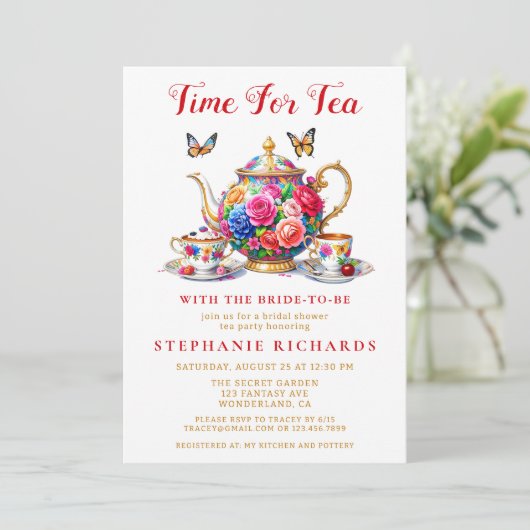 Elegante Bloemen Roos Theepot Tea Party Vrijgezell Kaart (Staand voorkant)