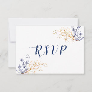 Elegante Bloemen Royal Blue Rozen & Gouden Bloemen RSVP Kaartje