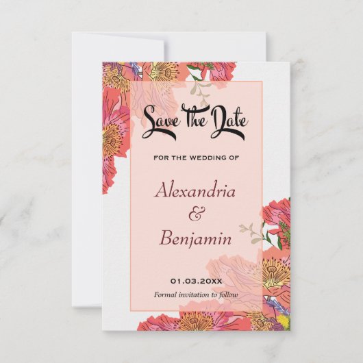 Elegante Bloemen Roze Bloemen Waterverf bruiloft Save The Date (Voorkant)