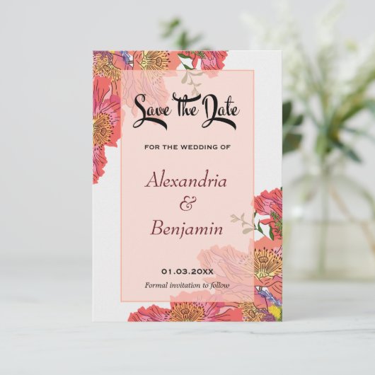 Elegante Bloemen Roze Bloemen Waterverf bruiloft Save The Date (Staand voorkant)
