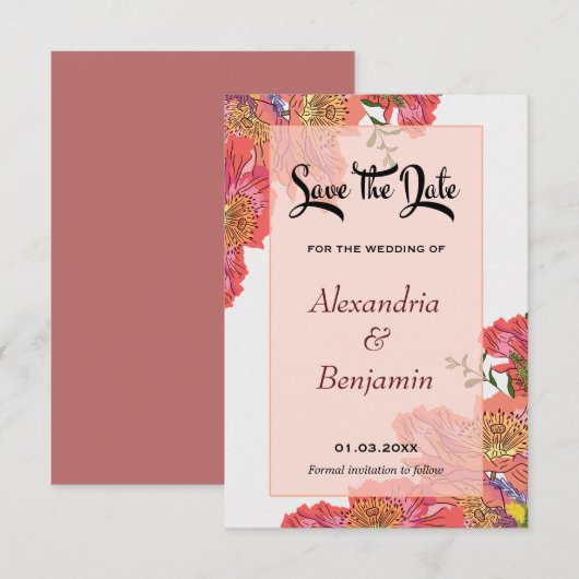 Elegante Bloemen Roze Bloemen Waterverf bruiloft Save The Date (Voorkant / Achterkant)