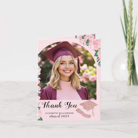 Elegante Bloemen Roze Boog Foto Afstuderen Bedankkaart (Voorkant)