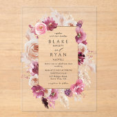 Elegante Bloemen Roze, Bourgogne, Champagne bruilo Acryl Uitnodigingen (Voorkant)
