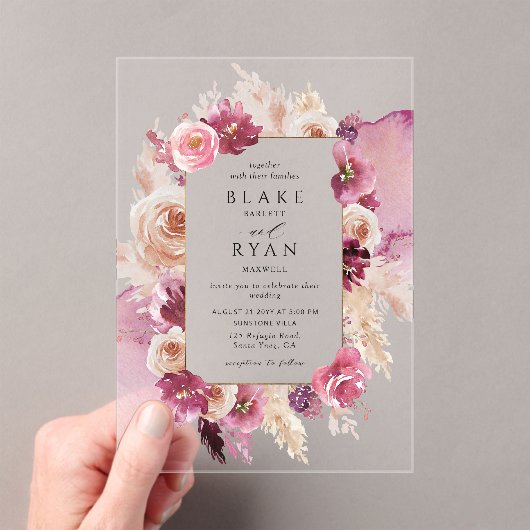 Elegante Bloemen Roze, Bourgondische Waterverf bru Acryl Uitnodigingen (Insitu (Draagbaar))