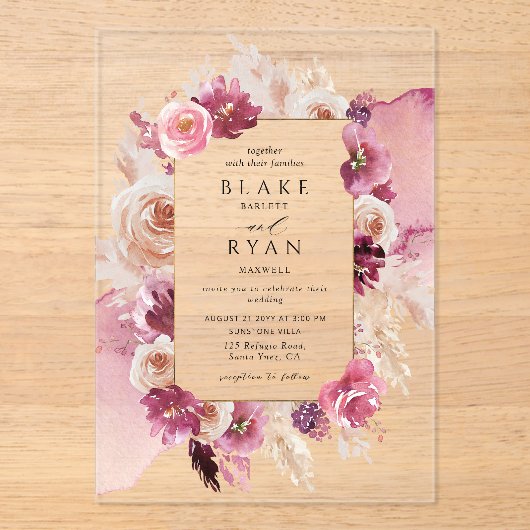 Elegante Bloemen Roze, Bourgondische Waterverf bru Acryl Uitnodigingen (Voorkant)