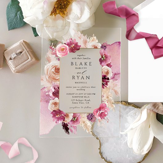 Elegante Bloemen Roze, Bourgondische Waterverf bru Acryl Uitnodigingen