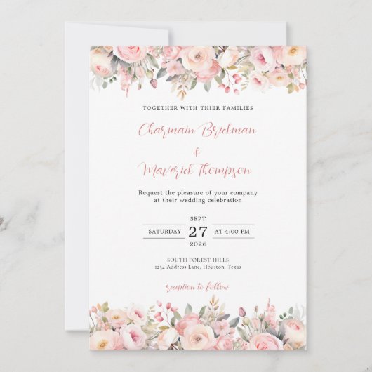 Elegante bloemen roze bruiloft kaart (Voorkant)