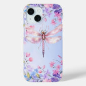 Elegante Bloemen Roze Dragonfly iPhone 15 Hoesje (Achterkant)