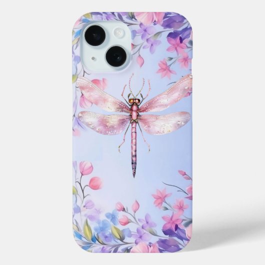 Elegante Bloemen Roze Dragonfly iPhone 15 Hoesje (Achterkant)