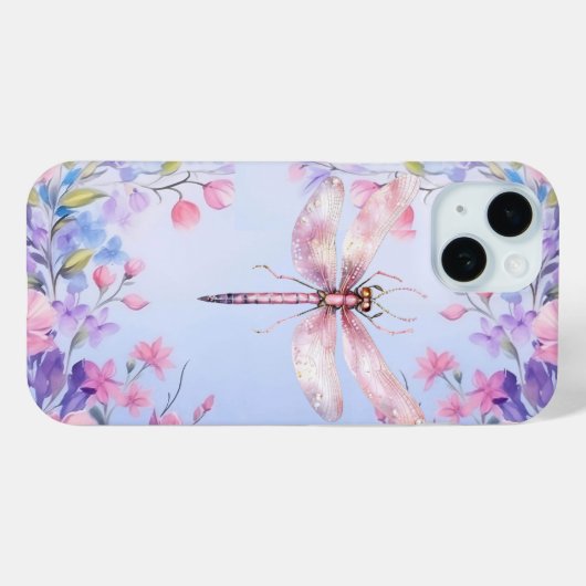 Elegante Bloemen Roze Dragonfly iPhone 15 Hoesje (Achterkant (horizontaal))