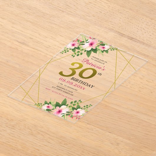 Elegante bloemen roze en goud 30e verjaardag acryl uitnodigingen (Laagn)