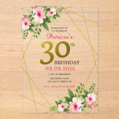 Elegante bloemen roze en goud 30e verjaardag acryl uitnodigingen (Voorkant)