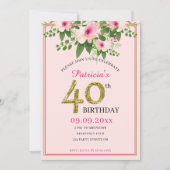 Elegante bloemen roze en goud 40e verjaardag kaart (Voorkant)