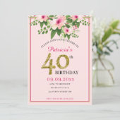 Elegante bloemen roze en goud 40e verjaardag kaart (Staand voorkant)