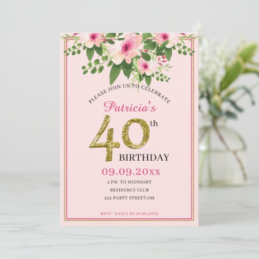 Elegante bloemen roze en goud 40e verjaardag kaart (Staand voorkant)