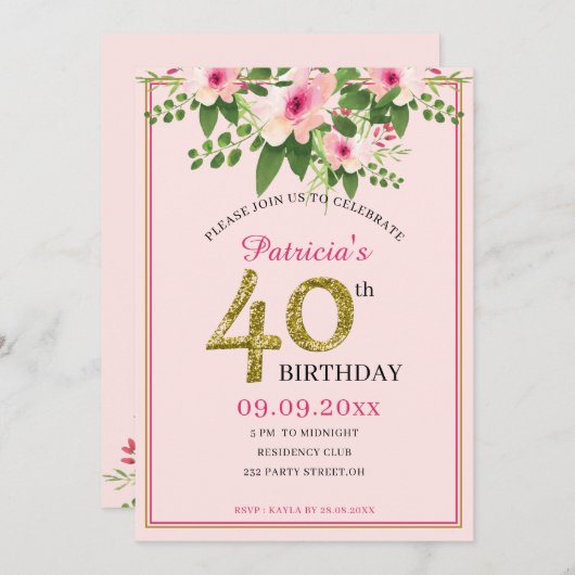 Elegante bloemen roze en goud 40e verjaardag kaart (Voorkant / Achterkant)
