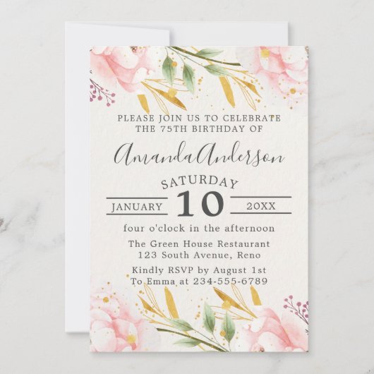 Elegante bloemen roze en goud 75e verjaardag kaart (Voorkant)