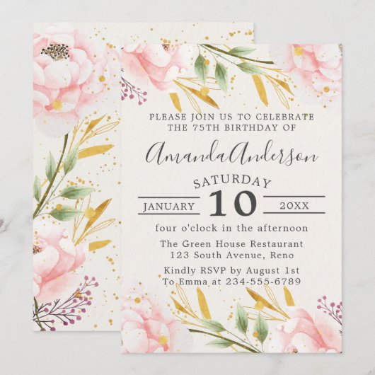 Elegante bloemen roze en goud 75e verjaardag kaart (Voorkant / Achterkant)