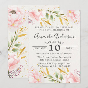 Elegante bloemen roze en goud 75e verjaardag kaart