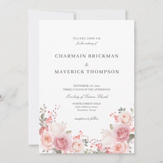 Elegante Bloemen Roze Fotobruiloft Kaart (Voorkant)