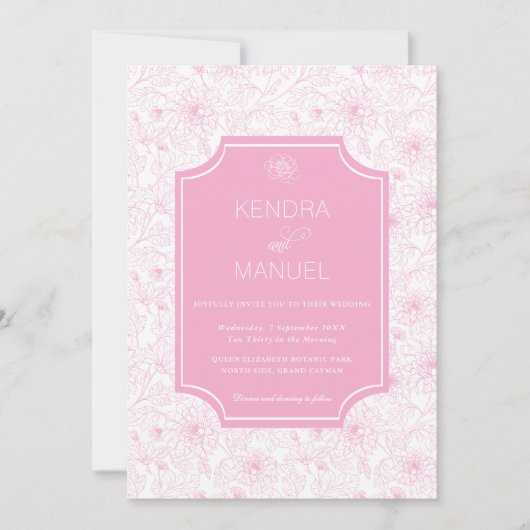 Elegante Bloemen Roze Franse Toile bruiloft Kaart (Voorkant)