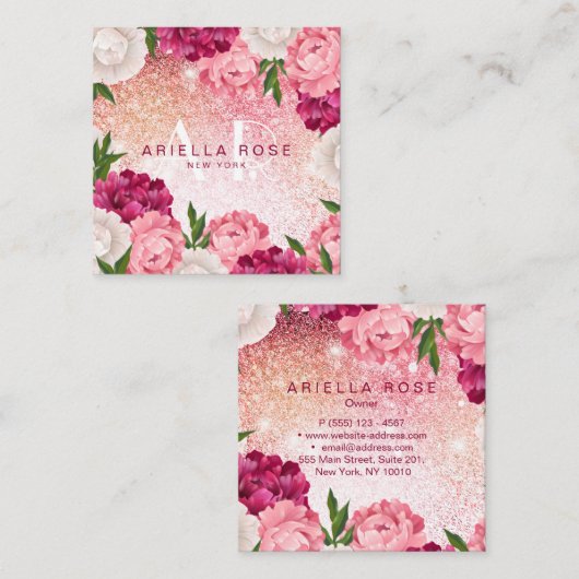 Elegante bloemen roze glitter vierkante visitekaartje (Voorkant / Achterkant)