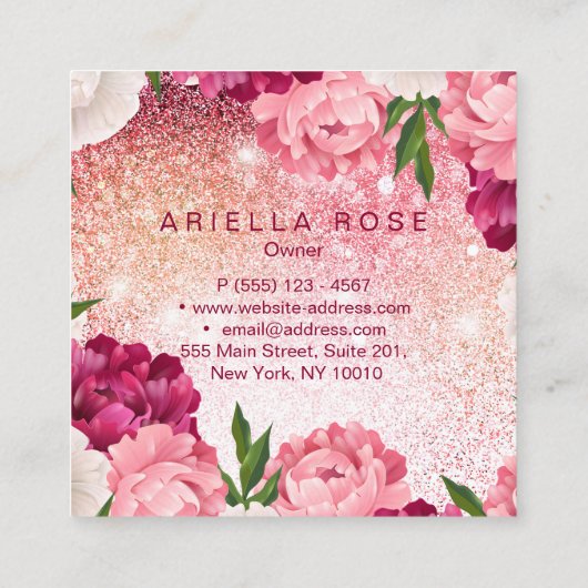Elegante bloemen roze glitter vierkante visitekaartje (Achterkant)