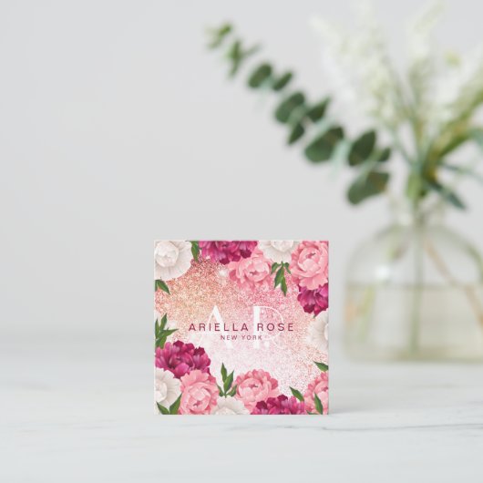 Elegante bloemen roze glitter vierkante visitekaartje (Staand voorkant)