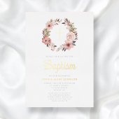 Elegante Bloemen Roze Krans Meisje Doop Folie Uitnodiging