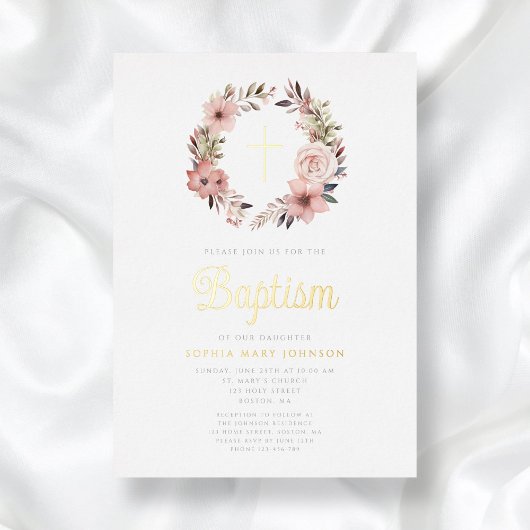 Elegante Bloemen Roze Krans Meisje Doop Folie Uitnodiging