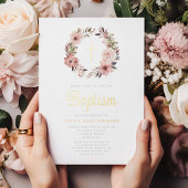 Elegante Bloemen Roze Krans Meisje Doop Folie Uitnodiging