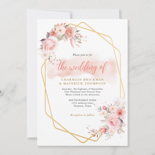 Elegante Bloemen Roze Lijst bruiloft Kaart (Voorkant)