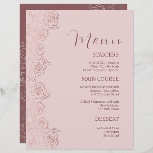 Elegante Bloemen Roze Mauve Diner Menu Sjabloon (Voorkant / Achterkant)