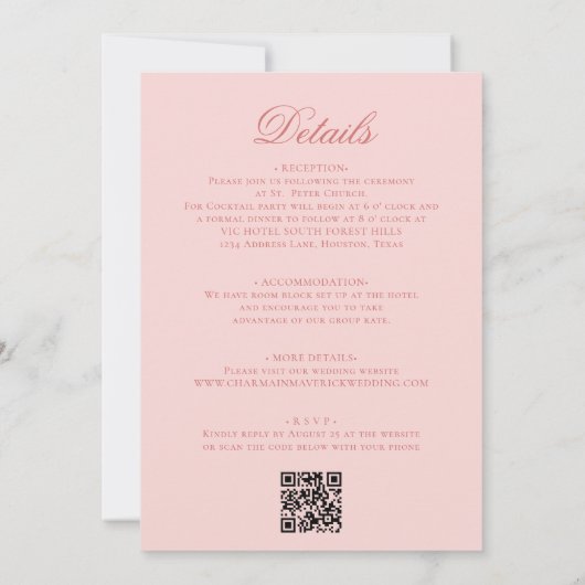 Elegante Bloemen Roze QR code Budget Huwelijk Kaart (Achterkant)