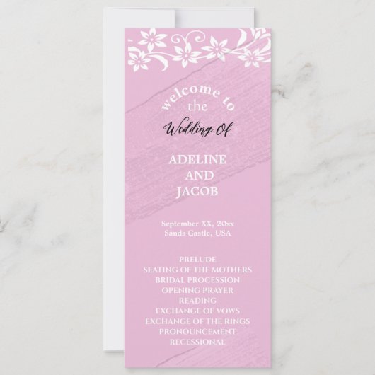 Elegante bloemen Roze & wit Bruiloftsprogramma Kaart (Voorkant)