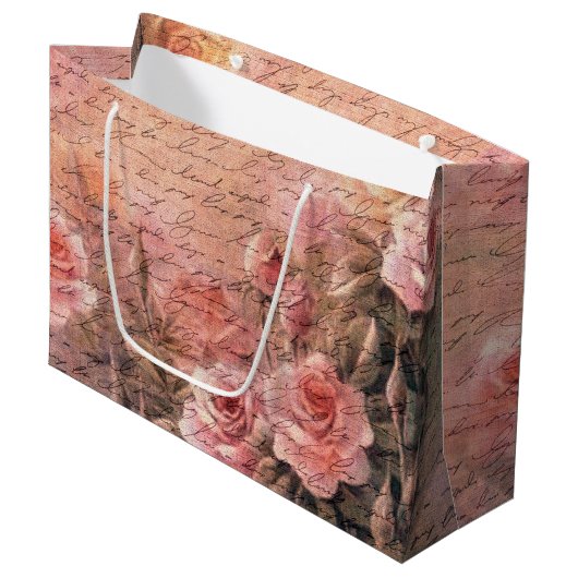Elegante Bloemen Rozen Antiek Handschrift Groot Cadeauzakje (Voorkant Gekanteld)